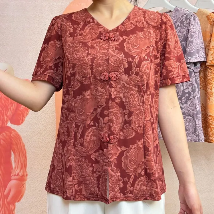 2025夏季妈妈大花短袖新款时尚百搭宽松透气显瘦气质妈妈装1