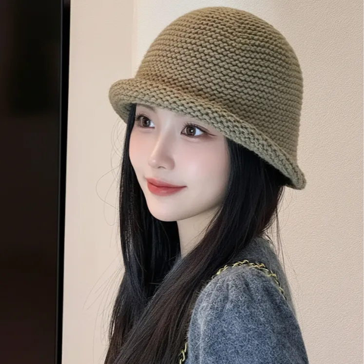 新款韩国羊毛针织卷边水桶帽子女秋冬复古咖色渔夫帽大头围盆帽潮