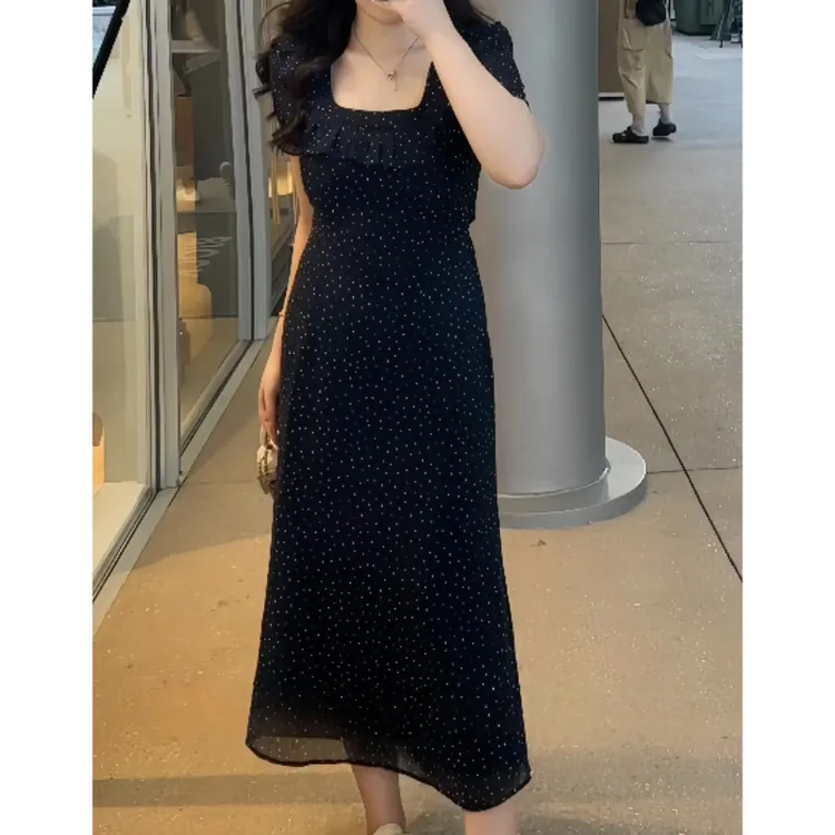 大码胖MM法式赫本风荷叶U领波点连衣裙女秋季收腰显瘦气质长裙子 