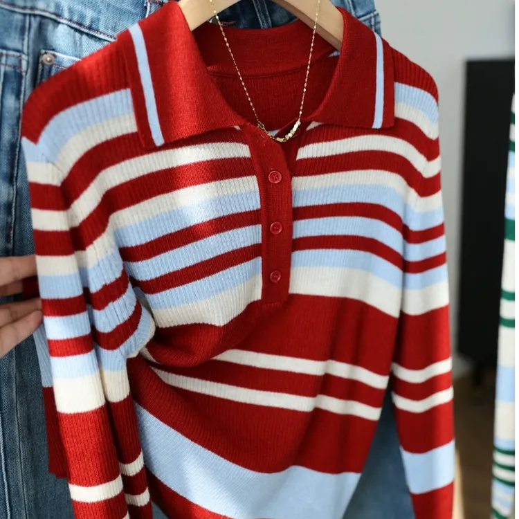 200斤可穿今年流行的高级感上衣女秋冬Polo领正肩毛衣显瘦打底衫