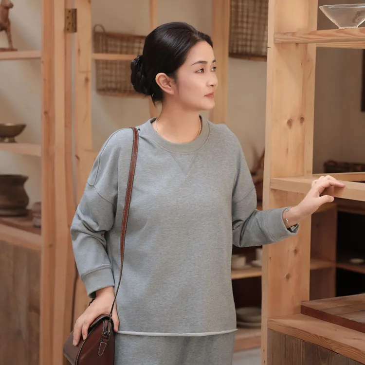 麻享【自在灰·卫衣】细纱支汉麻棉软糯毛圈圆领长袖卷边女FSY50853