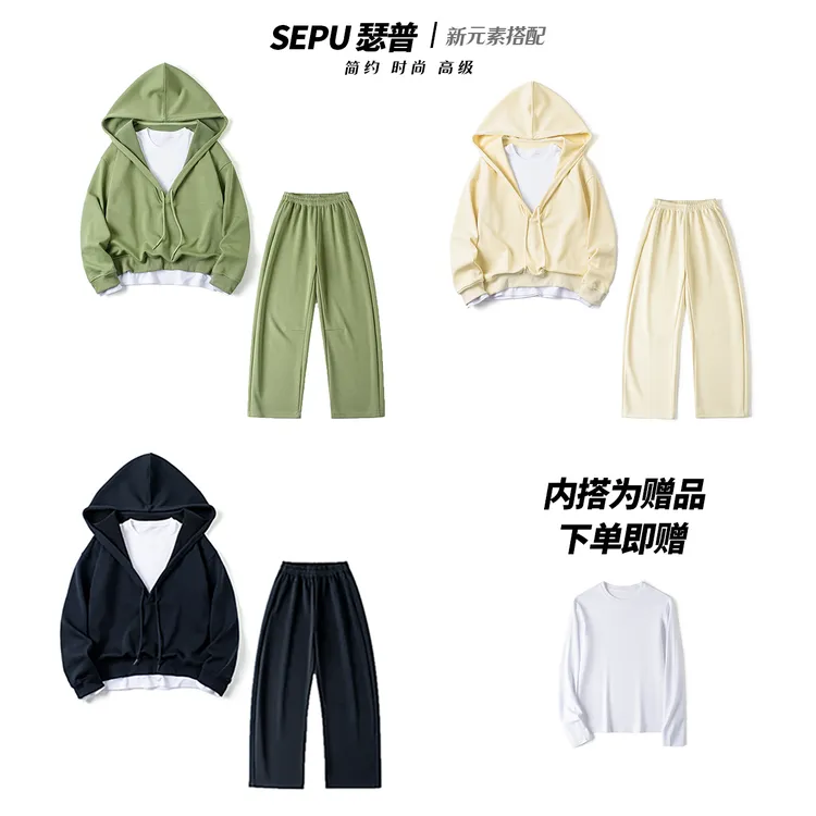 瑟普Y118连帽翻领套装休闲百搭衬衣显瘦宽松春季