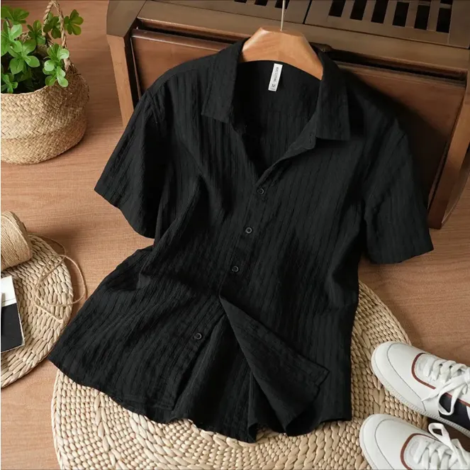 夏季冰凉衬衫休闲男士新款百搭纯色帅气简约短袖宽松透气薄款衬衣