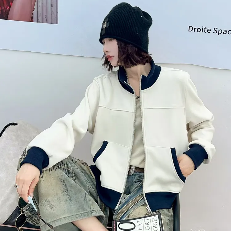 撞色立领常规款拉链衫卫衣春秋短款韩版时尚长袖外套上衣女棒球衫