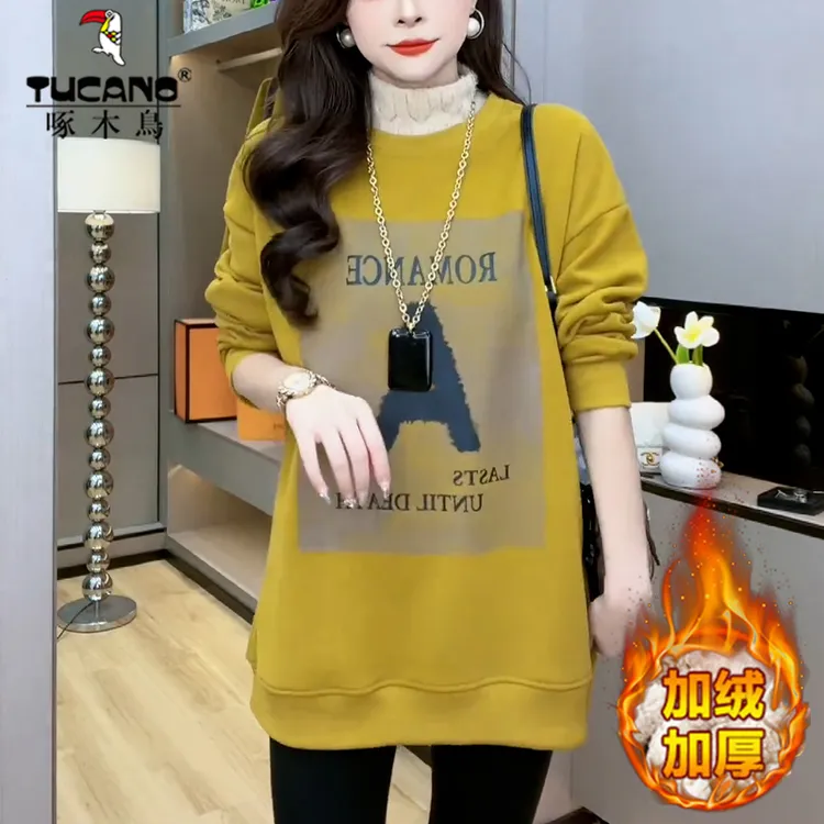 啄木鸟中长款卫衣女士2025冬季新款印花半高领加厚遮屁股加绒上衣