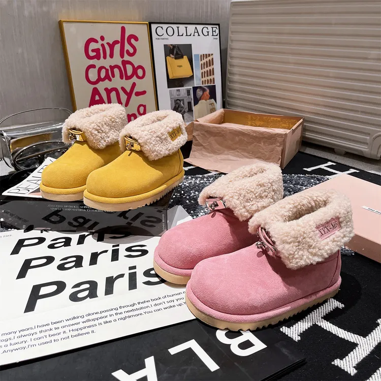 真皮羊毛版~翻领金属搭扣两穿糖果色勃肯鞋卡皮巴拉雪地棉靴女鞋