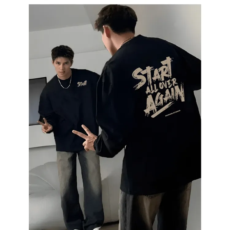 秋冬100%纯棉重磅美式复古长袖t恤男女宽松百搭上衣休闲圆领宽松