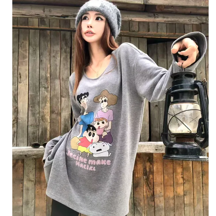 婉君【双面德绒保暖蜡笔T】德绒自发热休闲宽松慵懒T恤LWJ25D4T3467