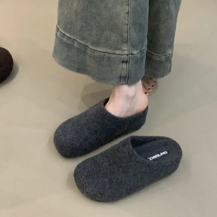 LB-X1058内增高5CM森女复古毛呢灰色土豆加绒保暖一脚蹬勃肯棉拖