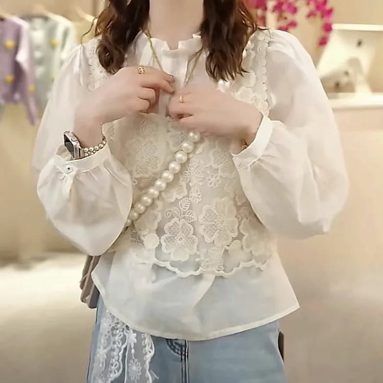 设计感花边领刺绣衬衫+蕾丝吊带背心女两件套2025春款时尚套装
