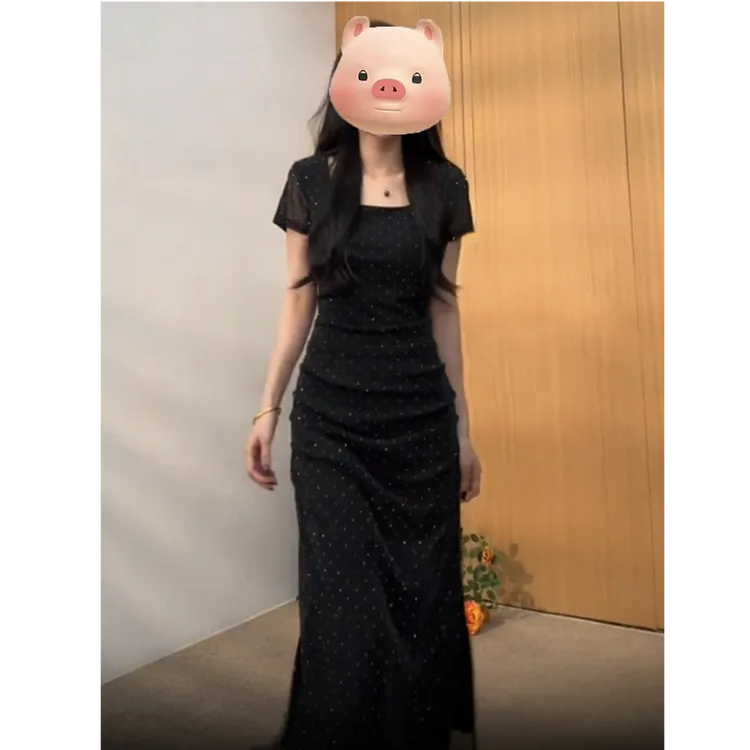 20205新款烫钻短袖长裙时尚设计师修身夏季连衣裙轻奢名媛