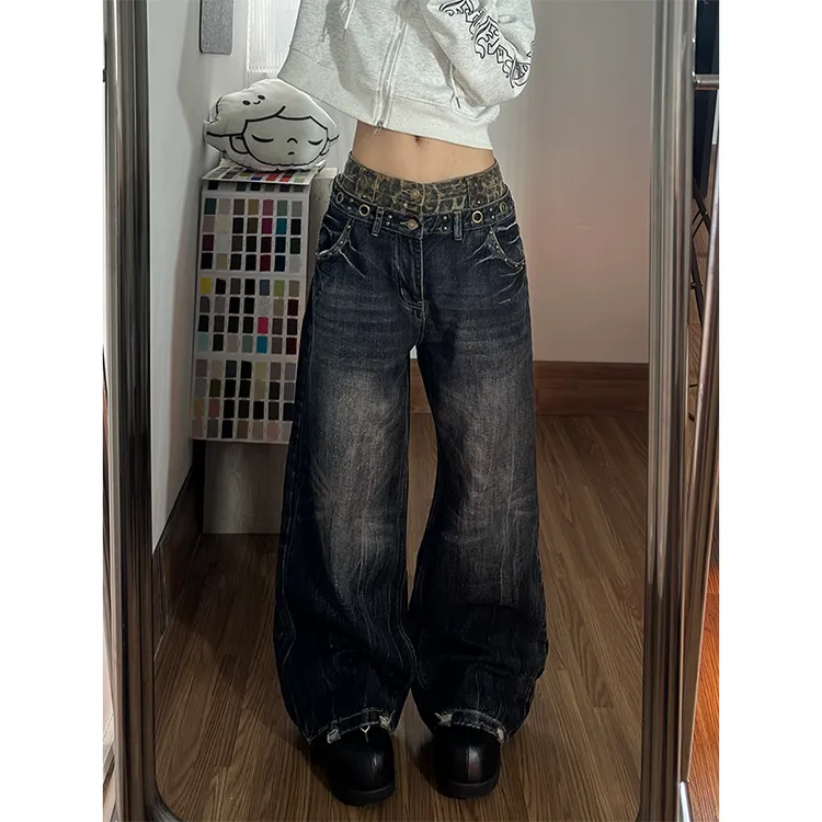 美式复古豹纹双腰头拼接直筒牛仔裤女闪电纹做旧水洗宽松阔腿裤子