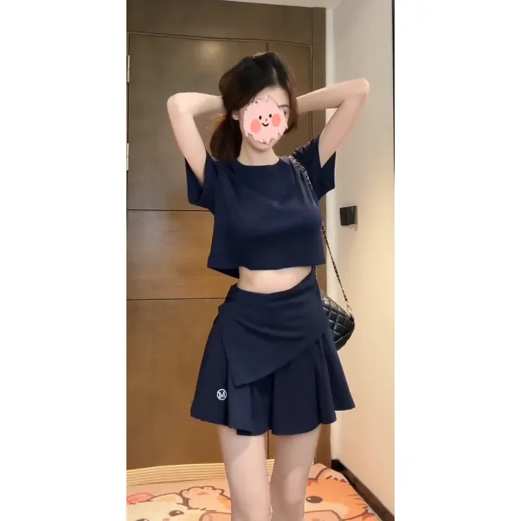 纯欲风辣妹时尚套装女2025夏季韩版短袖T恤百褶半身短裙两件套