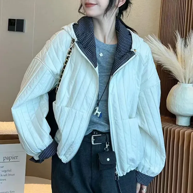 拼接女常规长袖连帽格子衣设计感小香风宽松短款时尚休闲百搭秋冬