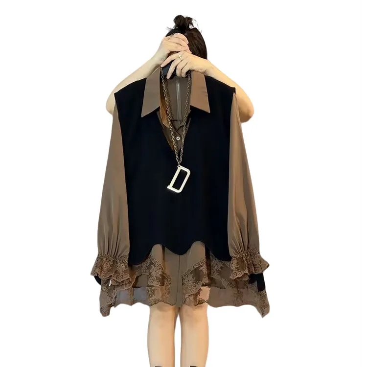 大维罗依LL秋季新款欧货蕾丝拼接衬衫马甲两件套