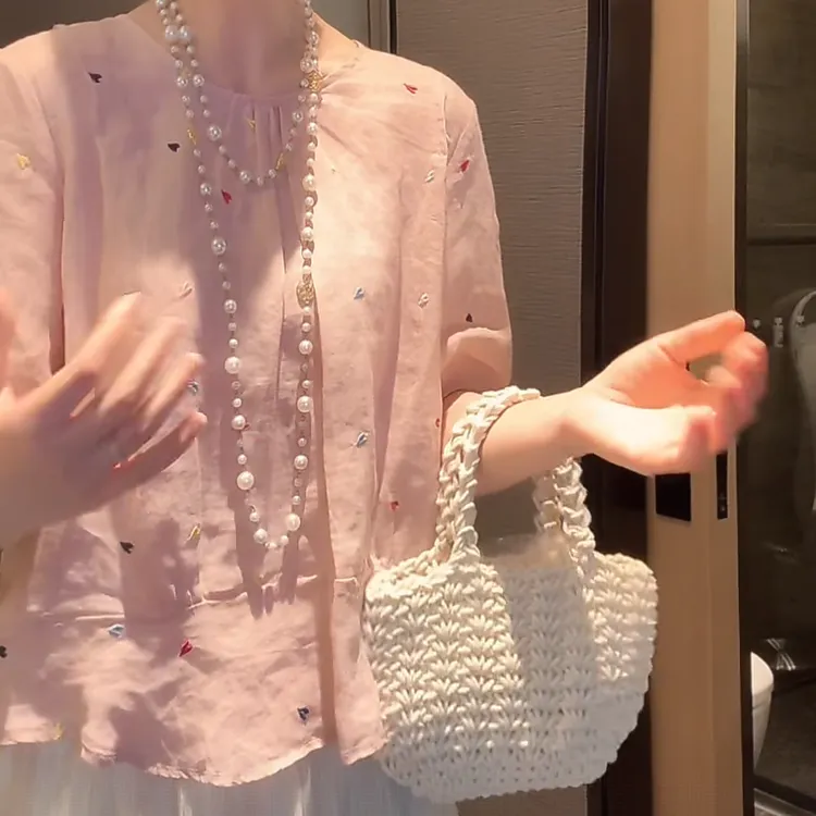 重工爱心刺绣单排扣设计短袖衬衣开衫女夏季2025新款时尚潮流衬衫