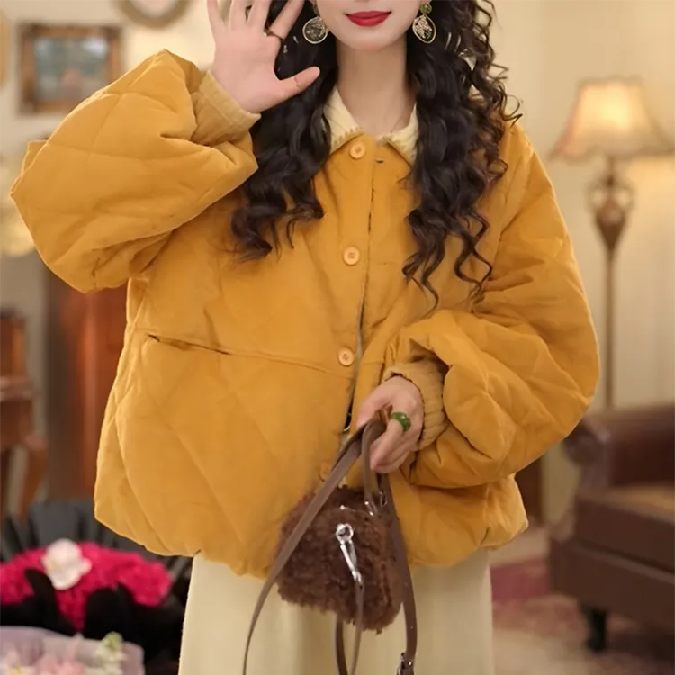 2025冬季新款时尚圆领短款棉服外套女韩版宽松显瘦设计感保暖上衣