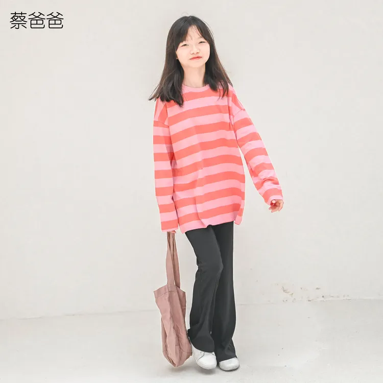 蔡爸爸童装新品秋装少女百搭长袖t恤休闲粉色条纹上衣809+933+670