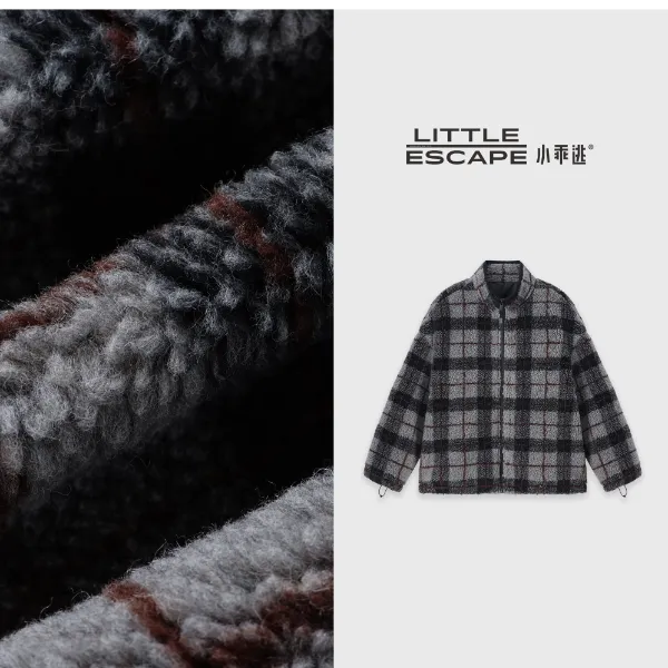 小乖逃设计款黑灰格子羊毛外套加厚毛绒感老钱风保暖冬季款N95352