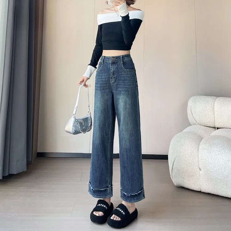 九分直筒牛仔裤女秋季2025新款高腰显瘦垂感复古毛边小个子阔腿裤