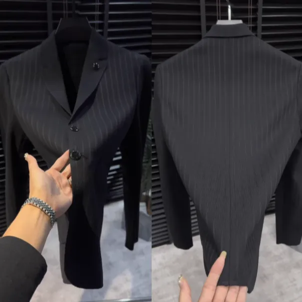 轻奢高级感高品质条纹针织西服男春秋季高端休闲时尚个性商务外套