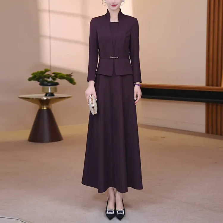 酒红色假两件连衣裙2025夏季纯色气质小个长款大摆连衣裙