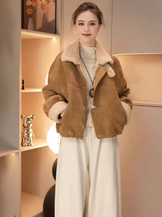 羊羔毛外套女短款加绒秋冬新款2025高级感小个子宽松麂皮绒上衣潮