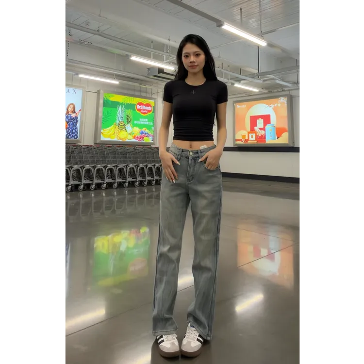 QUALCOMM秋冬加绒显瘦微喇牛仔裤男女同款美式复古闪电纹潮流裤子