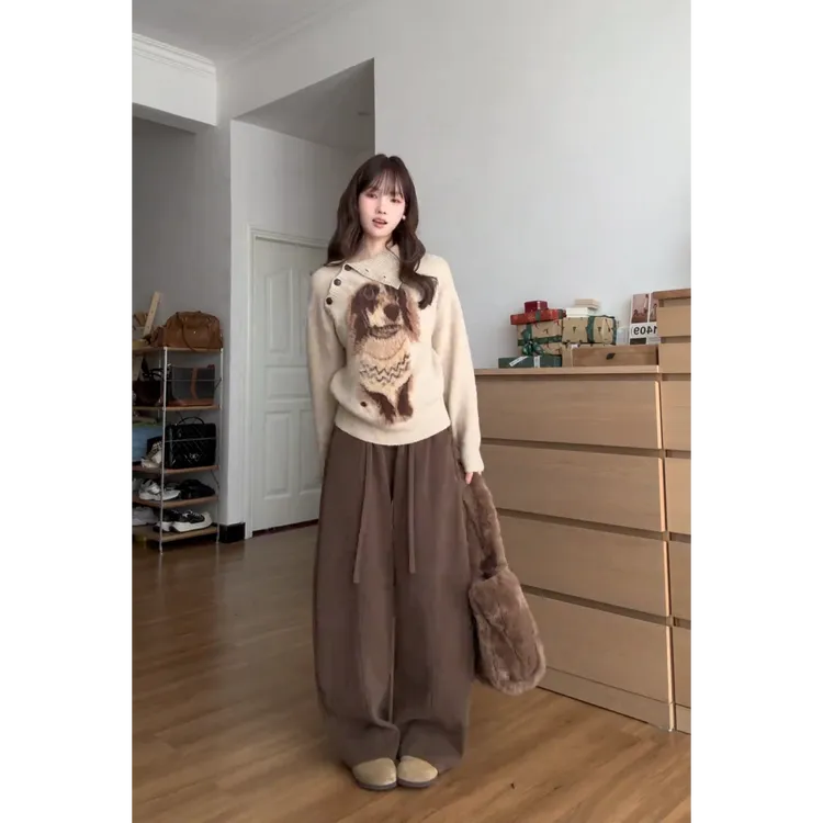 MARIE.COCO韩系复古慵懒风翻领针织衫小狗毛衣上衣直筒休闲裤套装
