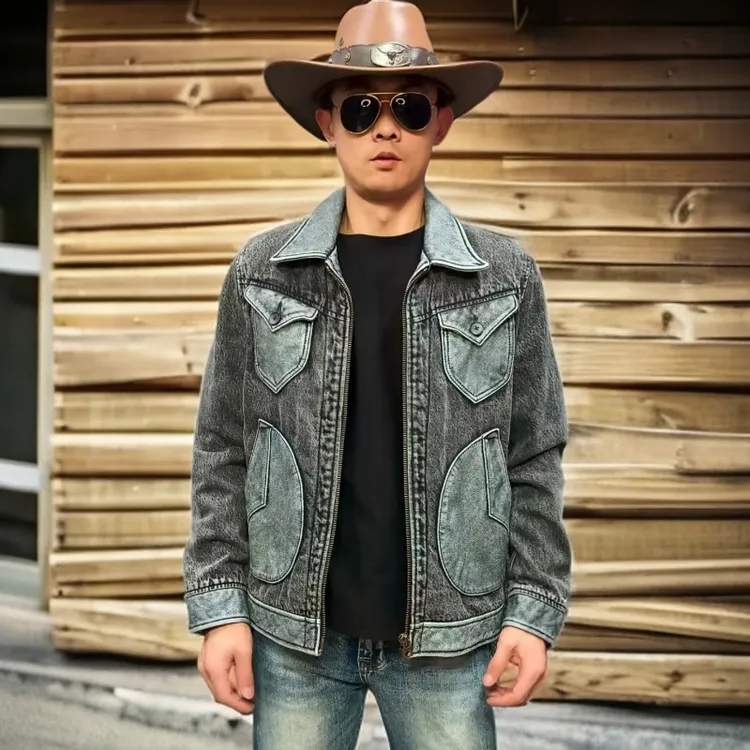 头层牛皮 拼接牛仔面料门多萨男款外套 重工水洗石磨痞帅复古做旧
