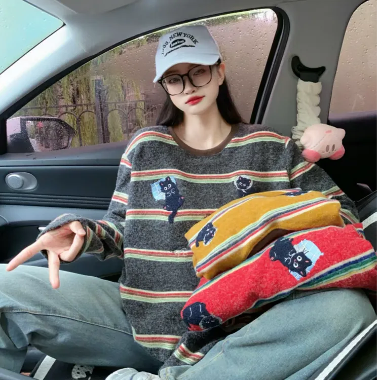 2025秋冬新款韩国兔毛绒刺绣猫咪条纹T恤宽松休闲百搭打底1032