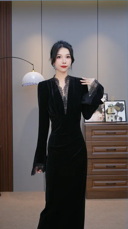 【W7001】秋冬新款复古时尚百搭长袖气质连衣裙爆款黑色裙子长裙