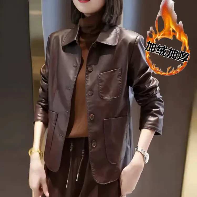 【加绒保暖】海宁正品2025秋冬加绒加厚时尚翻领气质皮衣外套女J09