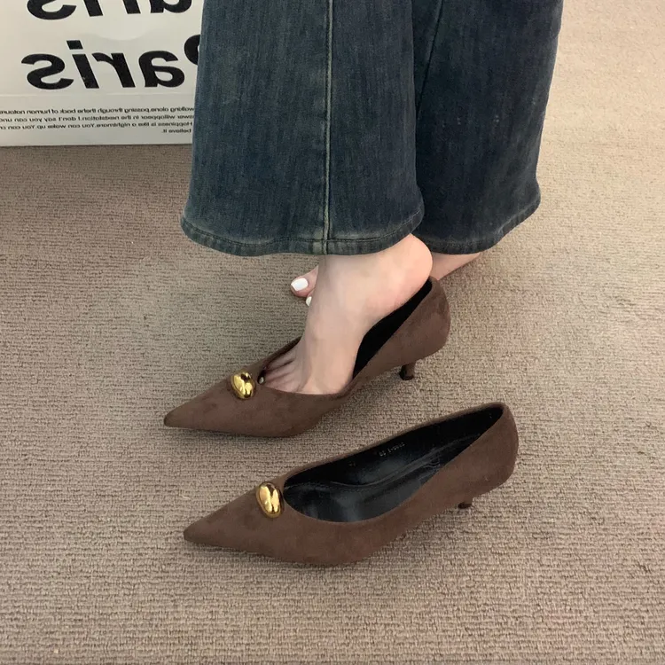 法式高级尖头绒面棕色高跟单鞋女鞋子2025春季通勤晚晚细跟奶奶鞋