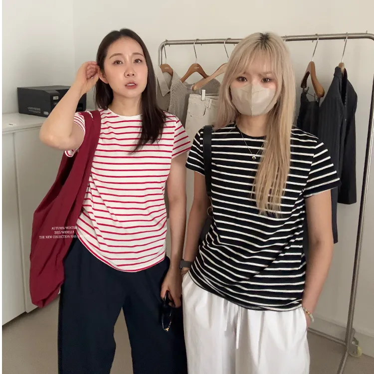 widelia陈姬儿夏季复古条纹正肩T恤女百搭圆领休闲短袖上衣7231