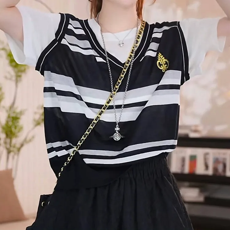 学院风假两件上衣2025春夏新款时尚撞色条纹休闲正肩针织短袖