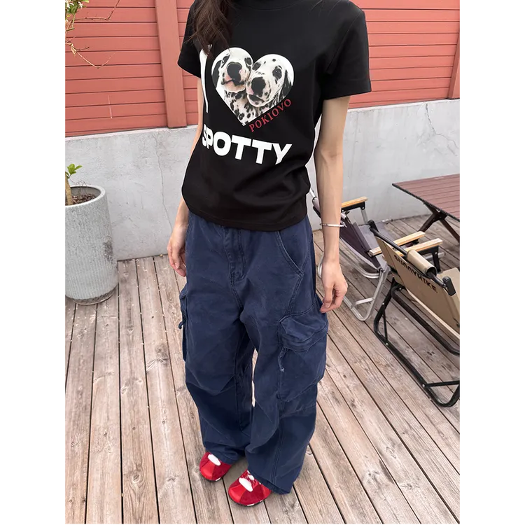 美式复古立体口袋蓝色工装裤女直筒宽松百搭休闲裤阔腿裤夏季