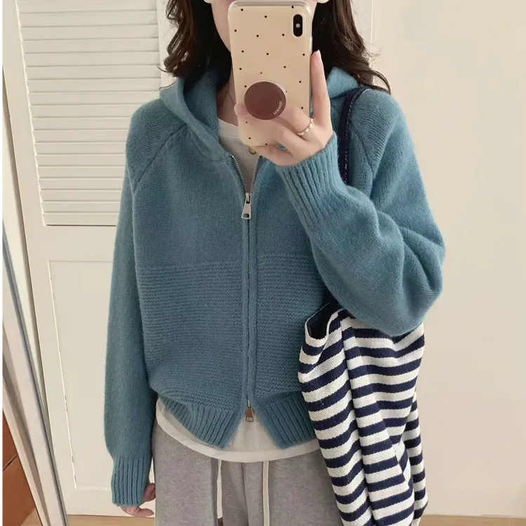 韩系休闲波浪纹双拉链连帽毛衣外套女秋冬宽松显瘦加厚针织开衫潮