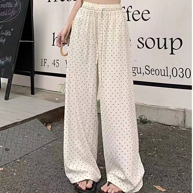 粉色山本裤女春夏薄款波点高腰垂感休闲小个子阔腿裤慵懒风裤子
