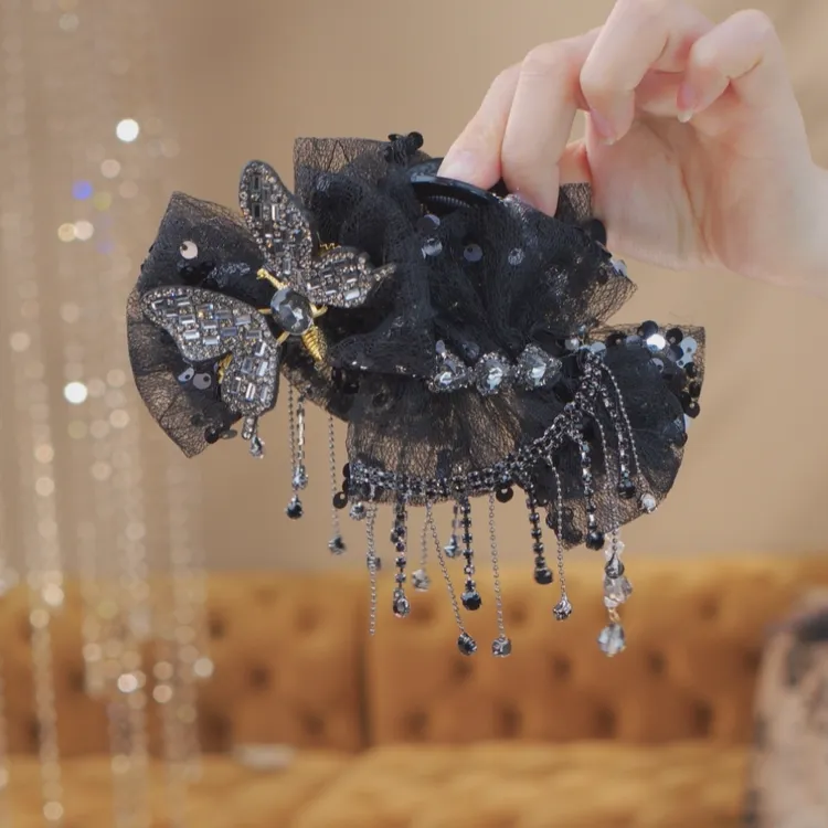 【心动蝴蝶】夏季新款原创设计蝴蝶珠珠链条流苏款13公分抓夹2424