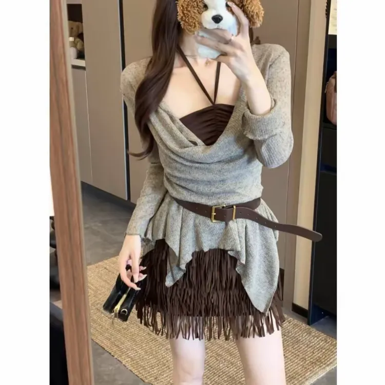 美拉德秋季设计感荡领两件套上衣