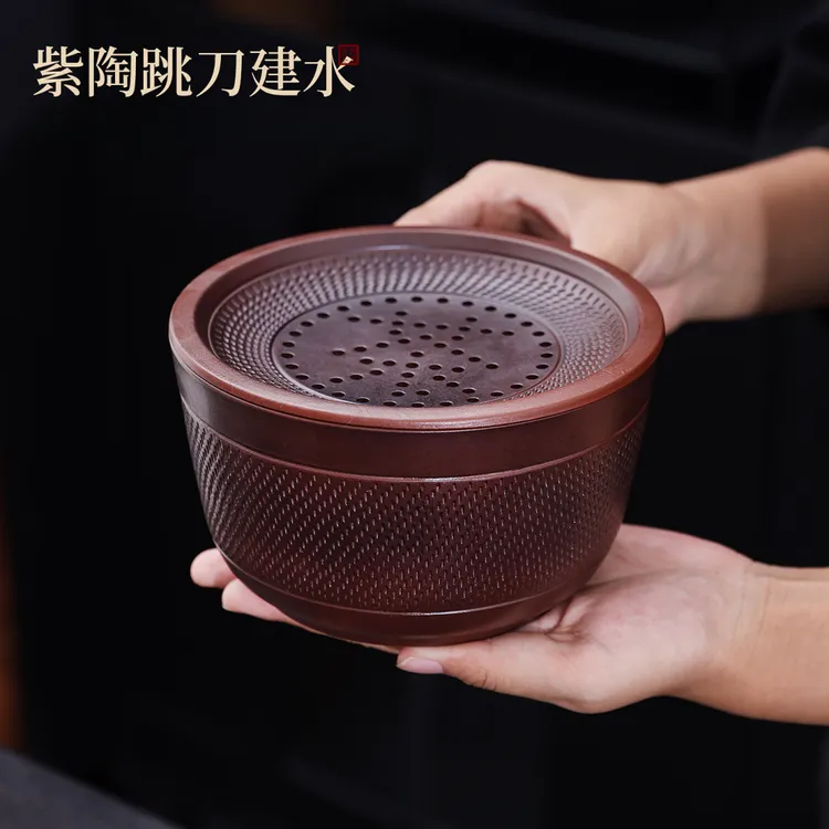 紫陶跳刀大号带盖茶洗缸茶渣缸桌面专用建水水盂禅意茶具配件器具