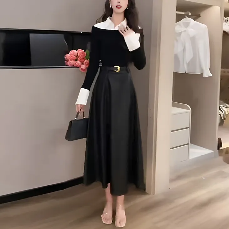 气质穿搭一整套针织衫套装女黑色假两件上衣高级感半身裙两件套
