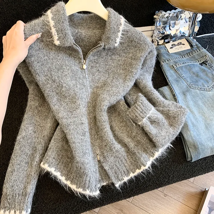 韩版复古翻领撞色拉链毛衣外套女秋冬新款软糯羊毛针织开衫上衣潮