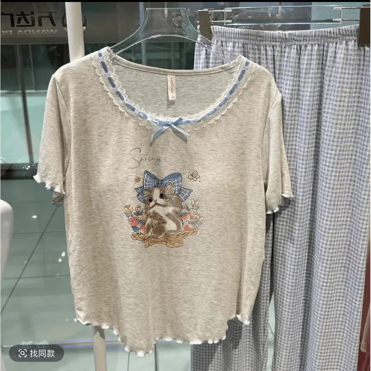 【卡通可爱猫咪】睡衣女款爆款2025新款夏短袖长裤家居服套装可外穿