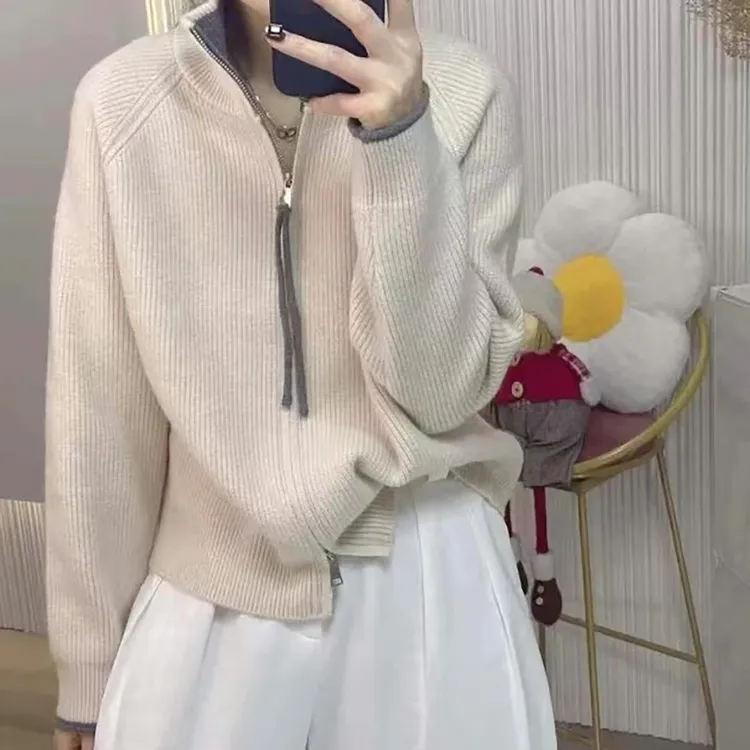 B 门店59&9！麻薯外套」高磅慵懒感立领双拉链针织开衫上衣女 T4426