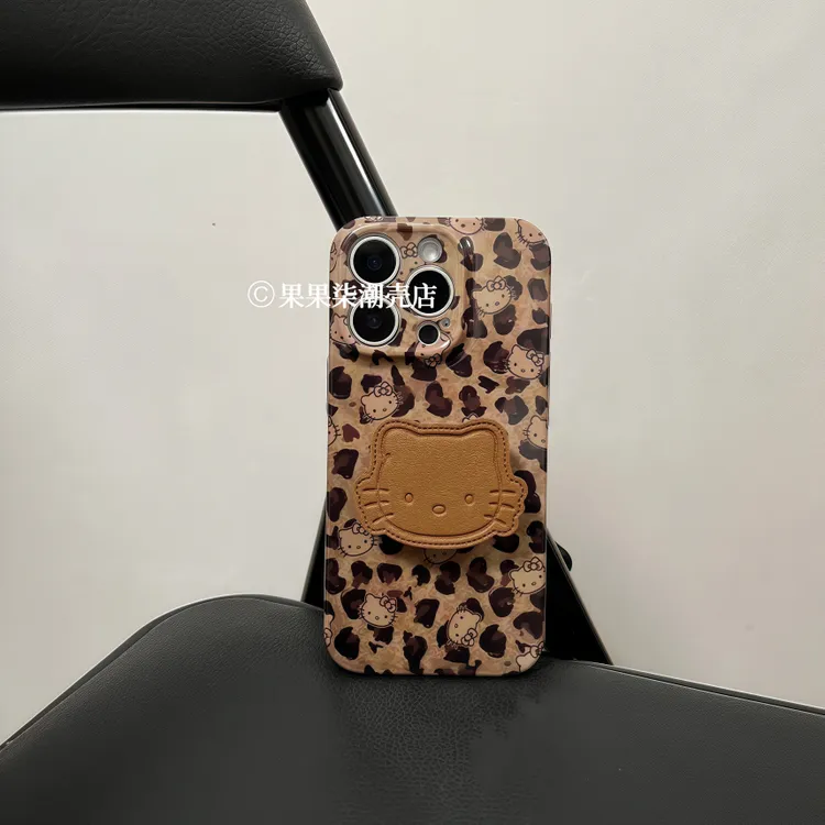 欧美风豹纹kt支架适用苹果16promax手机壳iPhone15全包14新款13硬