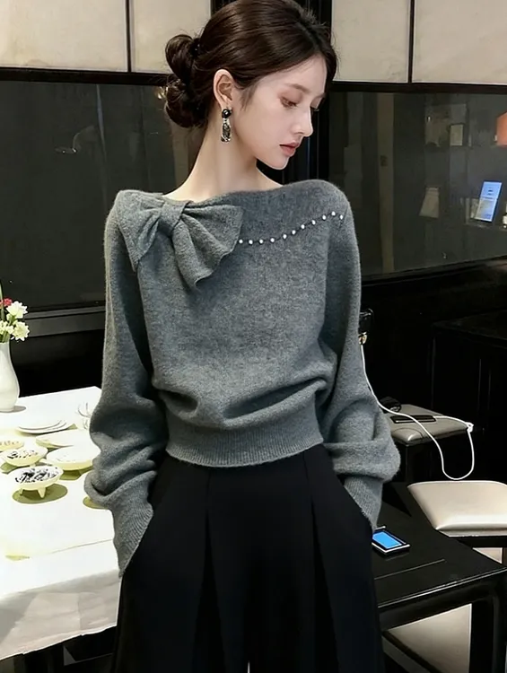 毛衣女款2025新款秋冬巨好看气质高端灰色蝴蝶结内搭针织衫上衣厚