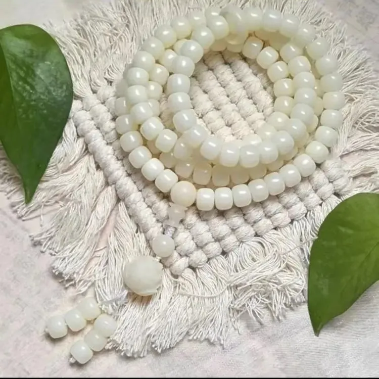 (静心)天然白玉菩提根男女生多圈手串脖挂108颗桶珠莲花念珠
