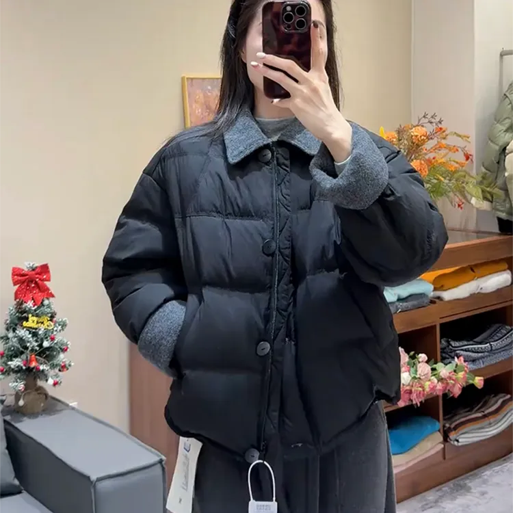 2025冬季新款时尚翻领撞色棉服女小个子宽松百搭保暖设计感短外套